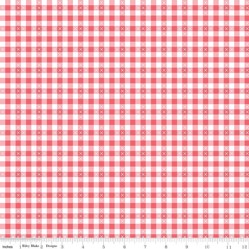 Summer Skies and Fireflies Gingham Print in Tea Rose by Gracey Larson of Burlap and Blossom; Sold in Half Yard Increments