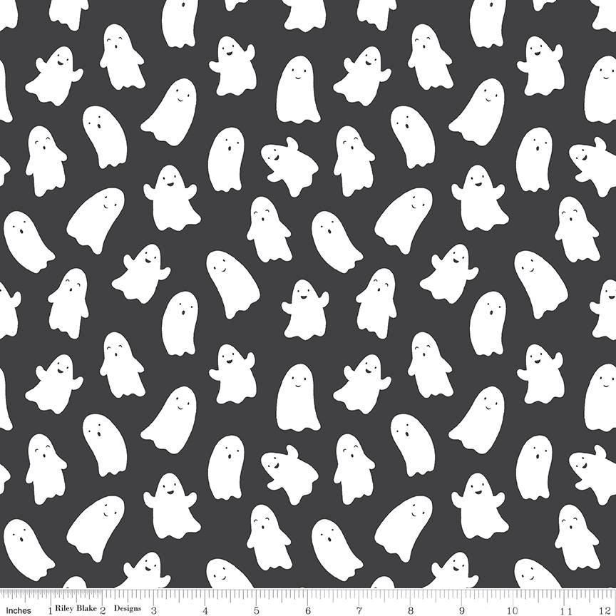 Hey Pumpkin Ghosts on Charcoal by My Mind's Eye; Sold in Half Yard Increments