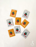 Minki Kim Made With Love Woven Labels Featuring Strawberries; Set of 8 Labels, Double Sided & Machine Washable; Approx. 1" x 1.25" each
