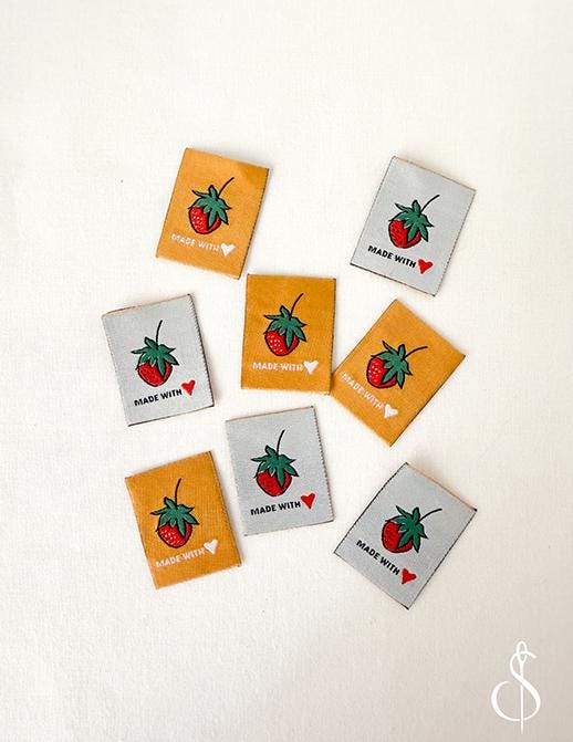 Minki Kim Made With Love Woven Labels Featuring Strawberries; Set of 8 Labels, Double Sided & Machine Washable; Approx. 1" x 1.25" each