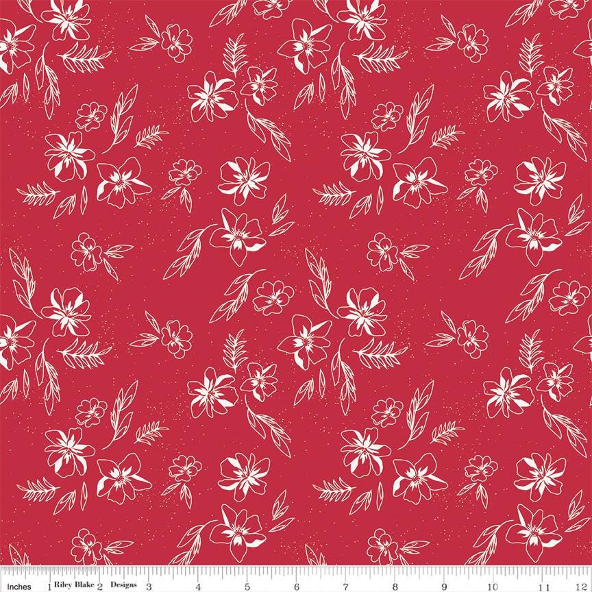 Sketches on Red from Berry Market by Beverly McCullough of Flamingo Toes; Sold in Half Yard Increments