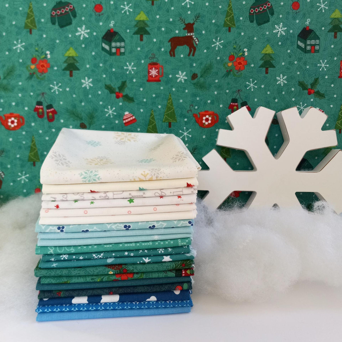 Quilt Kit for a Scrappy Blue Snowflake Quilt by Modern Handcraft; Includes 13 Blue Fat Quarters & 6 Low Volume FQs