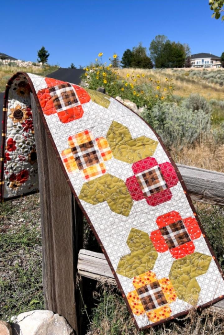 Fabric Kit for Fall Flower Table Runner; Pattern by Amy Chappell of Ameroonie Designs; Includes 8 different flower fabrics, backing, binding