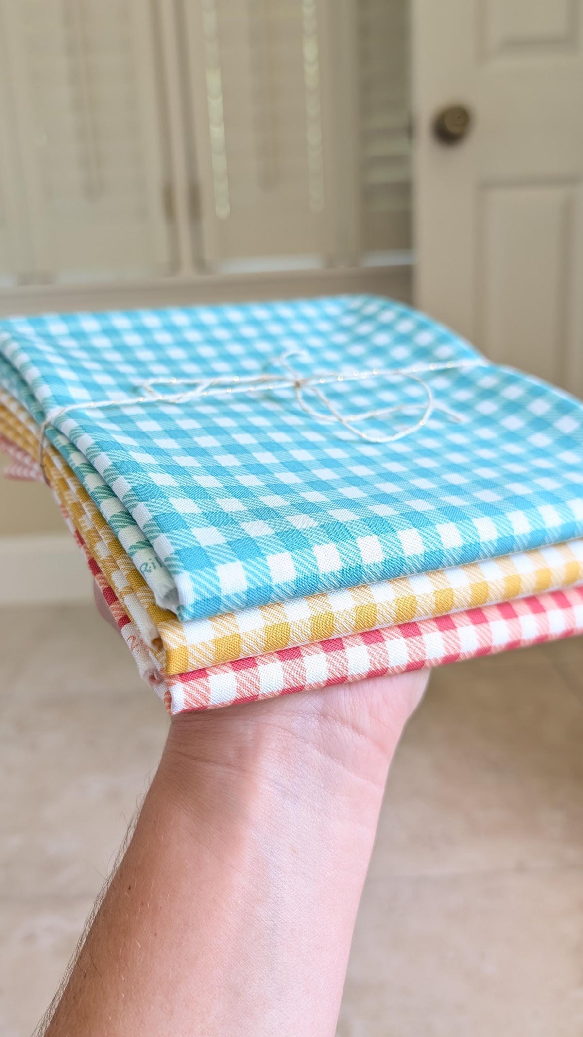 Gingham Binding Bundle with Prints from First Blooms by Heather Peterson of Anka's Treasures; Three 3/4 yard pieces in Blue, Yellow, and Red
