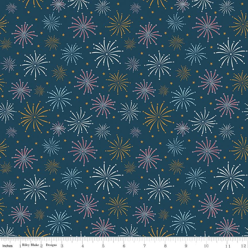 Sweet Freedom Fireworks on Navy Blue Oxford Sparkle by Beverly McCullough of Flamingo Toes; Sold in Half Yard Increments