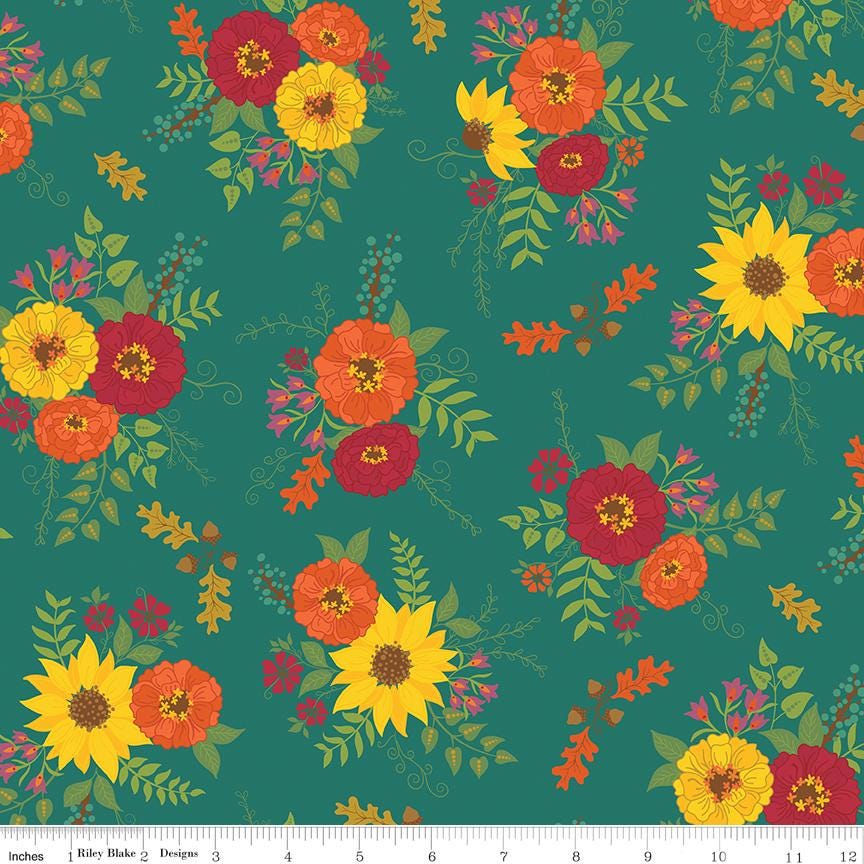 Autumn Afternoon Main - Teal - by Heather Peterson of Anka's Treasures; Sold in Half Yard Increments