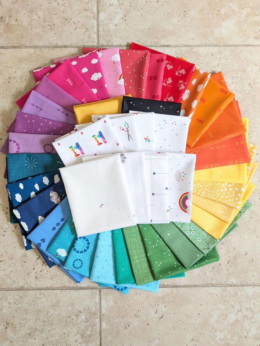 Quilt Kit for Rainbow Ghost Party Quilt by Woolly Petals; Includes 30 Rainbow FATTER Eighths, 8 LV FQs, 1 Black FQ, Half-Yard Star Fabric + Paper Pattern