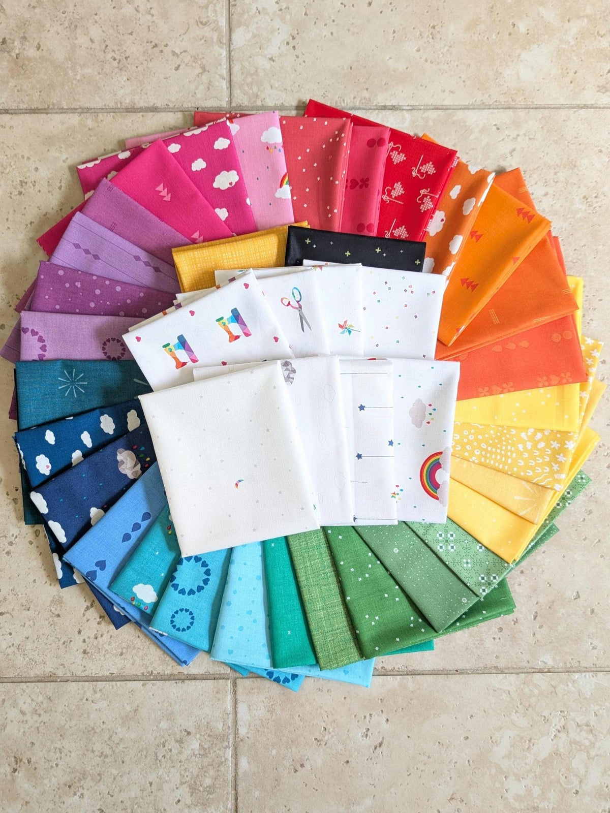 Quilt Kit for Rainbow Ghost Party Quilt by Woolly Petals; Includes 30 Rainbow FATTER Eighths, 8 LV FQs, 1 Black FQ, Half-Yard Star Fabric + Paper Pattern