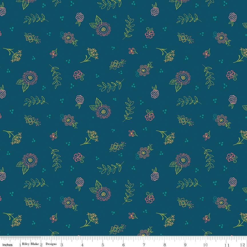 Market Street Embroidery on Navy Blue by Heather Peterson of Anka's Treasures for Riley Blake Designs; Sold in Half Yard Increments
