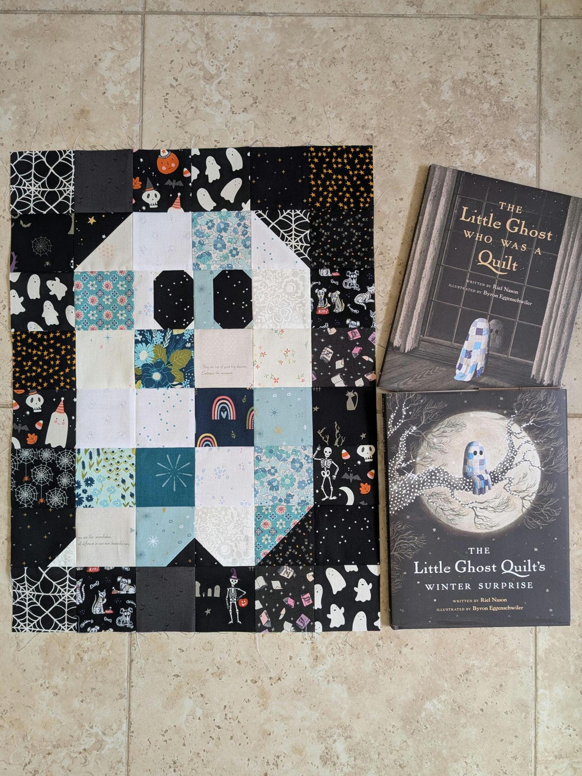 Quilt Kit for Ghost Party Quilt by Woolly Petals - "Little Ghost Who Was A Quilt"; 13 NON-Spooky FQs, 7 LV, 7 Blue FE, Binding + Paper Pattern
