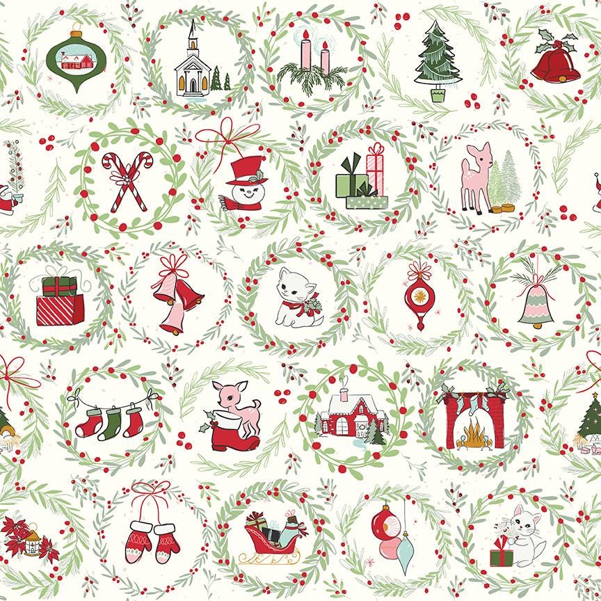 Mistletoe and Holly Wreaths on Cloud White by Beverly McCullough of Flamingo Toes; Sold in Half Yard Increments