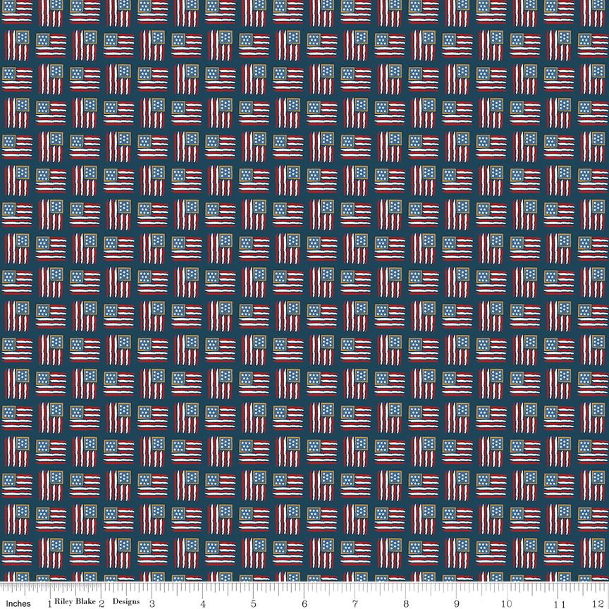Sweet Freedom Mini Flags on Oxford Blue with Sparkle by Beverly McCullough of Flamingo Toes; Sold in Half Yard Increments