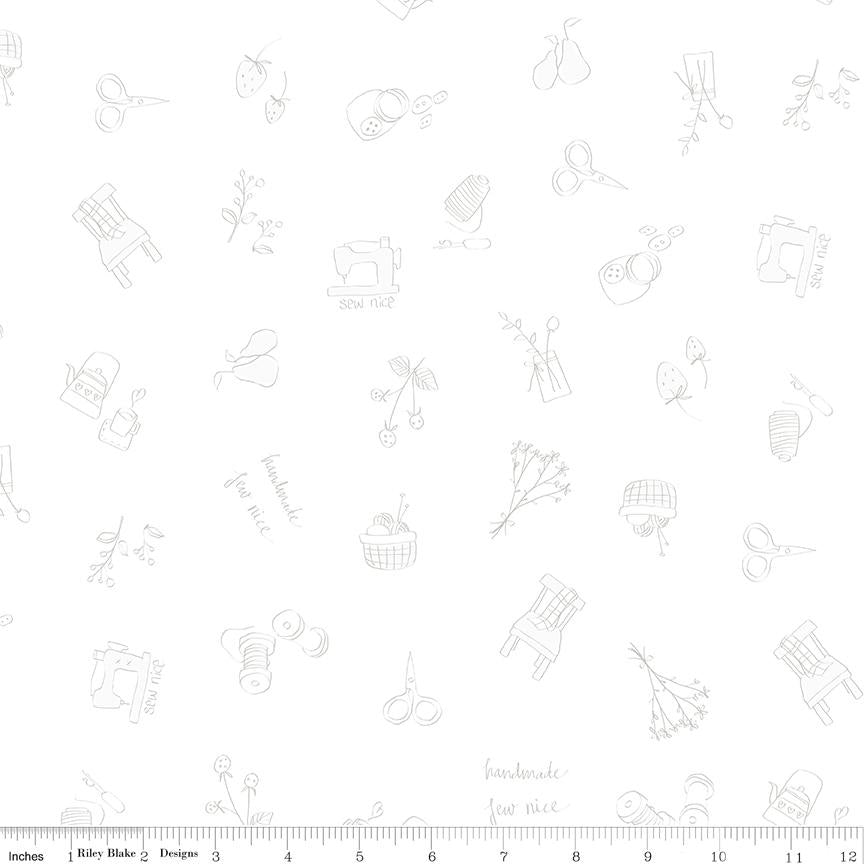 Sew Time from Light's On! White-on-White Print by Minki Kim; Sold in Half Yard Increments