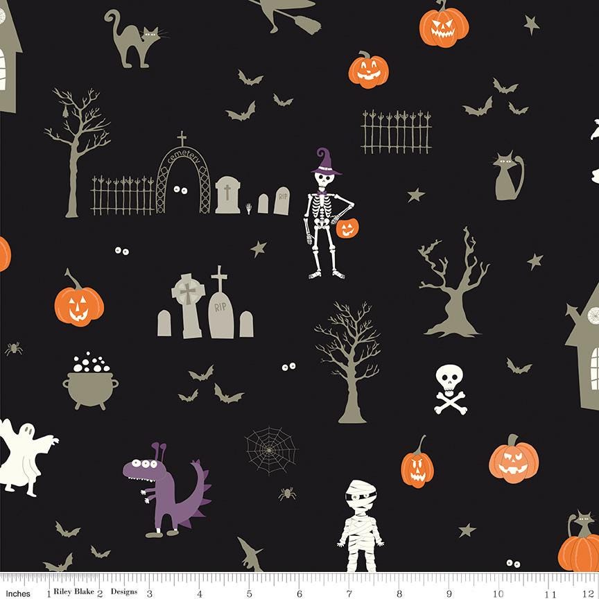 Beggar's Night Main Print on Black by Sandy Gervais; Sold in Half Yard Increments