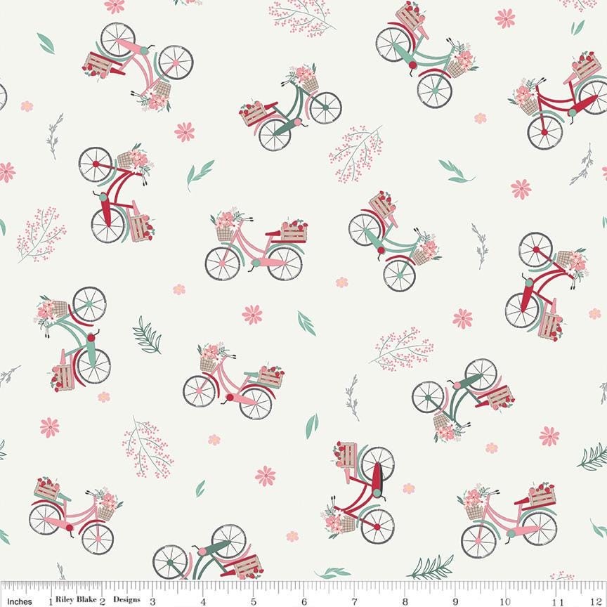 Bicycles on Sand Dollar (Off White) from Berry Market by Beverly McCullough of Flamingo Toes; Sold in Half Yard Increments