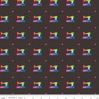 Geometric Sewing Machines on Black by Kristy Lea of Quiet Play; Sold in Half Yard Increments