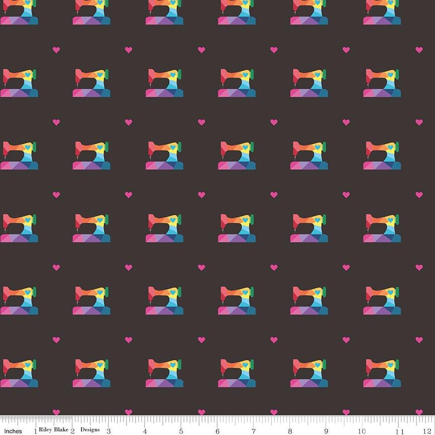Geometric Sewing Machines on Black by Kristy Lea of Quiet Play; Sold in Half Yard Increments