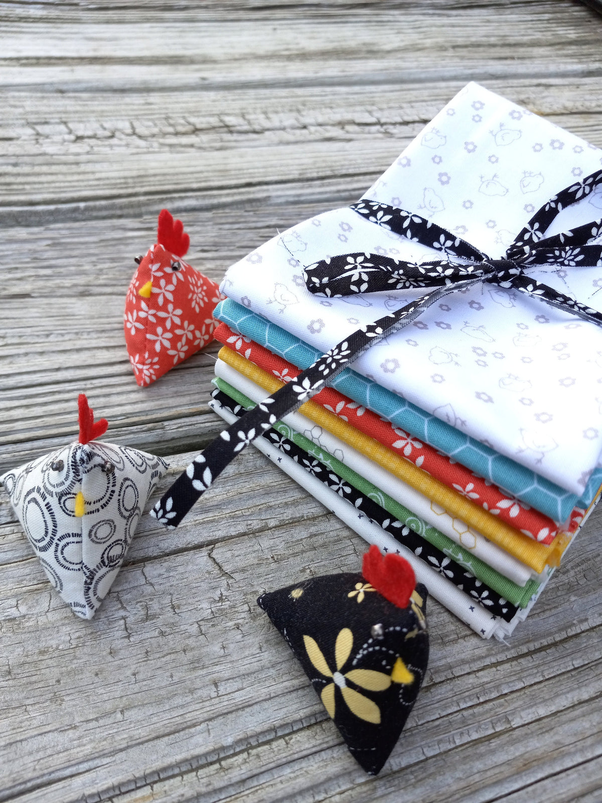The Lil' Farm Fat Quarter Bundle ft. lil' tractors, chicks, honey bees, and chicken wire prints; 8 piece fabric bundle