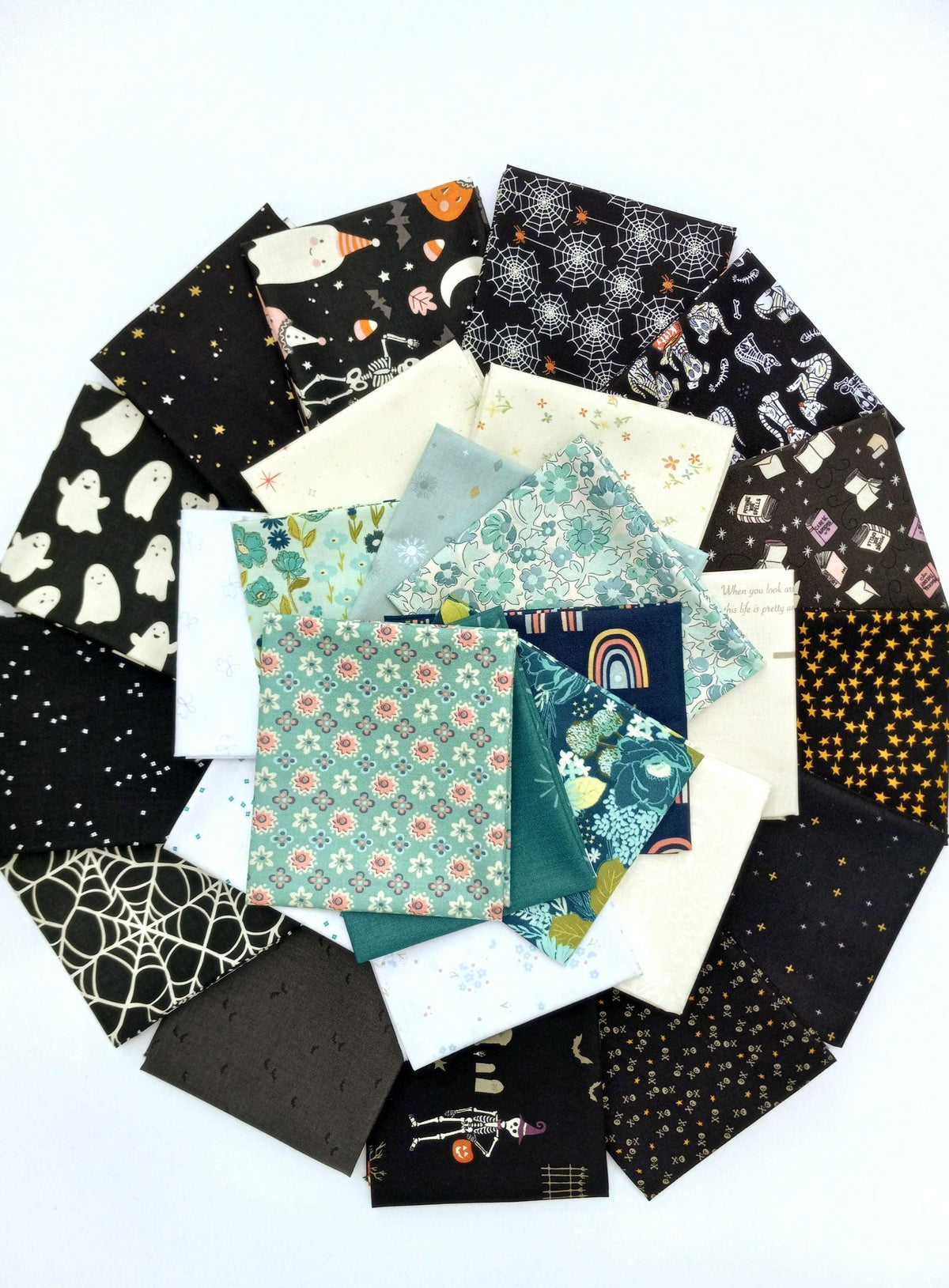 Quilt Kit for Ghost Party Quilt by Woolly Petals - Inspired by "The Little Ghost Who Was A Quilt"; 13 Spooky FQs, 7 LV, 7 Blue FEs, Binding + Paper Pattern
