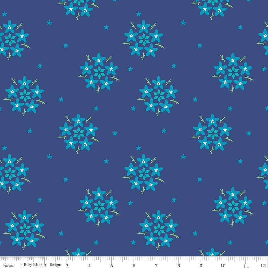 Star Flower in Blue by Kristy Lea of Quiet Play for Bloom Collection; Sold in Half Yard Increments