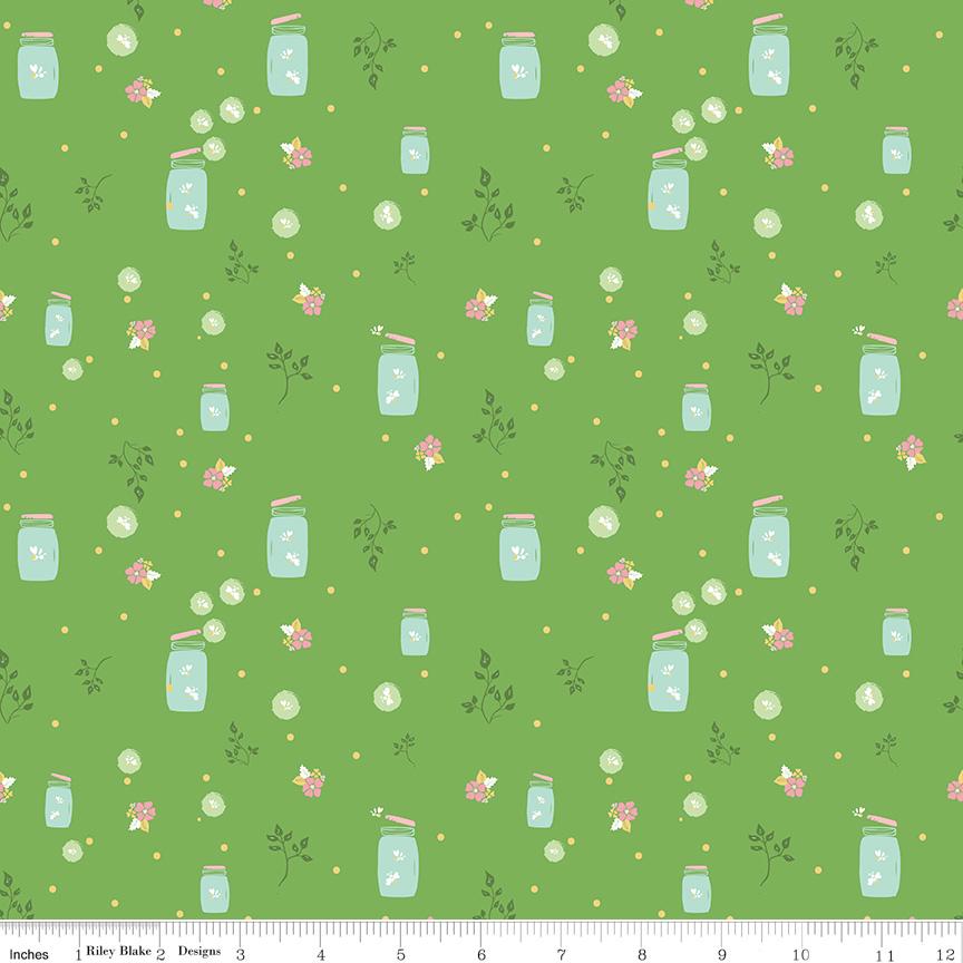 Summer Skies and Fireflies - Firefly Jars on Green by Gracey Larson of Burlap and Blossom; Sold in Half Yard Increments
