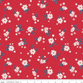 Sweet Freedom Summer Flowers on Red with Gold Sparkle by Beverly McCullough of Flamingo Toes; Sold in Half Yard Increments