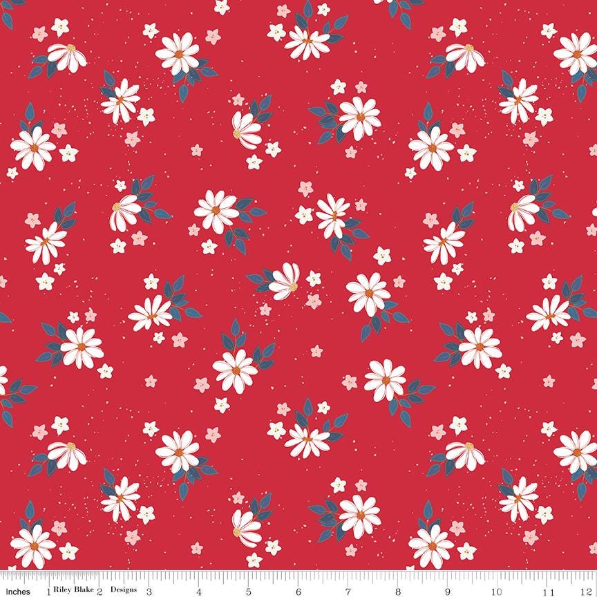 Sweet Freedom Summer Flowers on Red with Gold Sparkle by Beverly McCullough of Flamingo Toes; Sold in Half Yard Increments