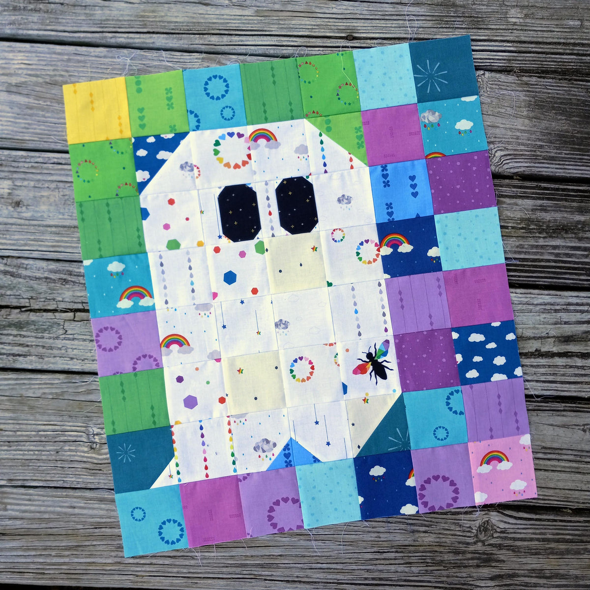 Quilt Kit for Rainbow Ghost Party Quilt by Woolly Petals; Includes 30 Rainbow FATTER Eighths, 8 LV FQs, 1 Black FQ, Half-Yard Star Fabric + Paper Pattern