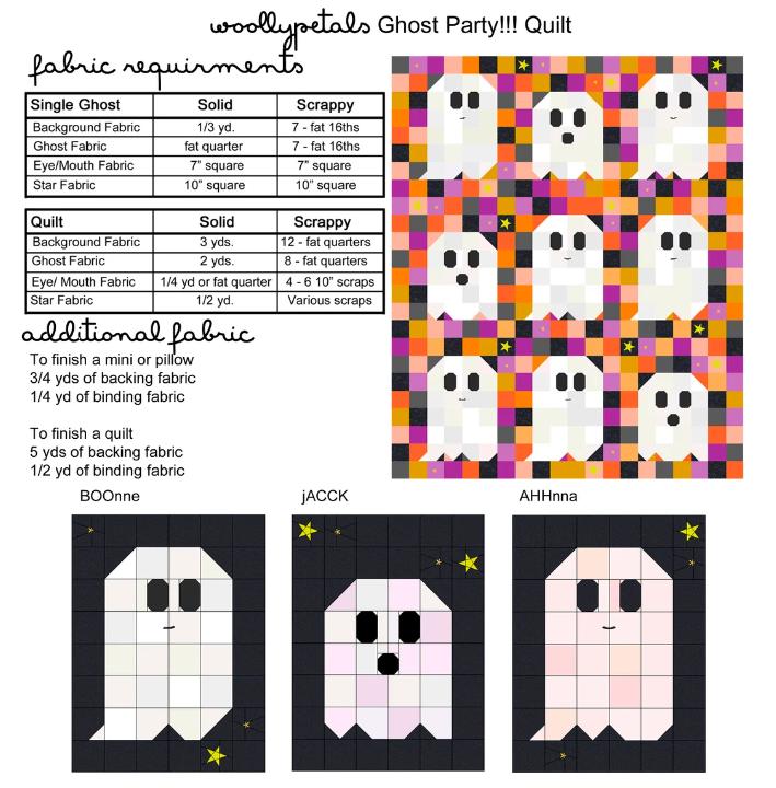 Quilt Kit for Rainbow Ghost Party Quilt by Woolly Petals; Includes 30 Rainbow FATTER Eighths, 8 LV FQs, 1 Black FQ, Half-Yard Star Fabric + Paper Pattern