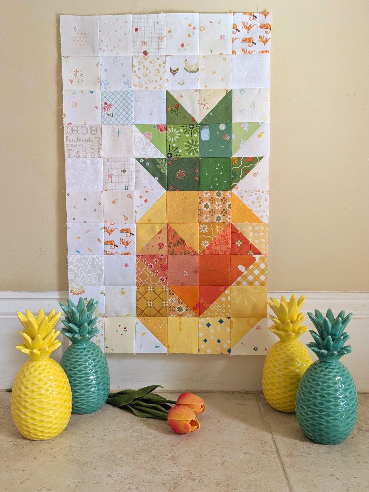 Quilt Kit for Scrappy Pineapple Love Quilt by Maker Valley; Includes 25 LVs, 12 Yellows, 10 Greens, and 10 Oranges; Finishes at ~ 54" x 76"