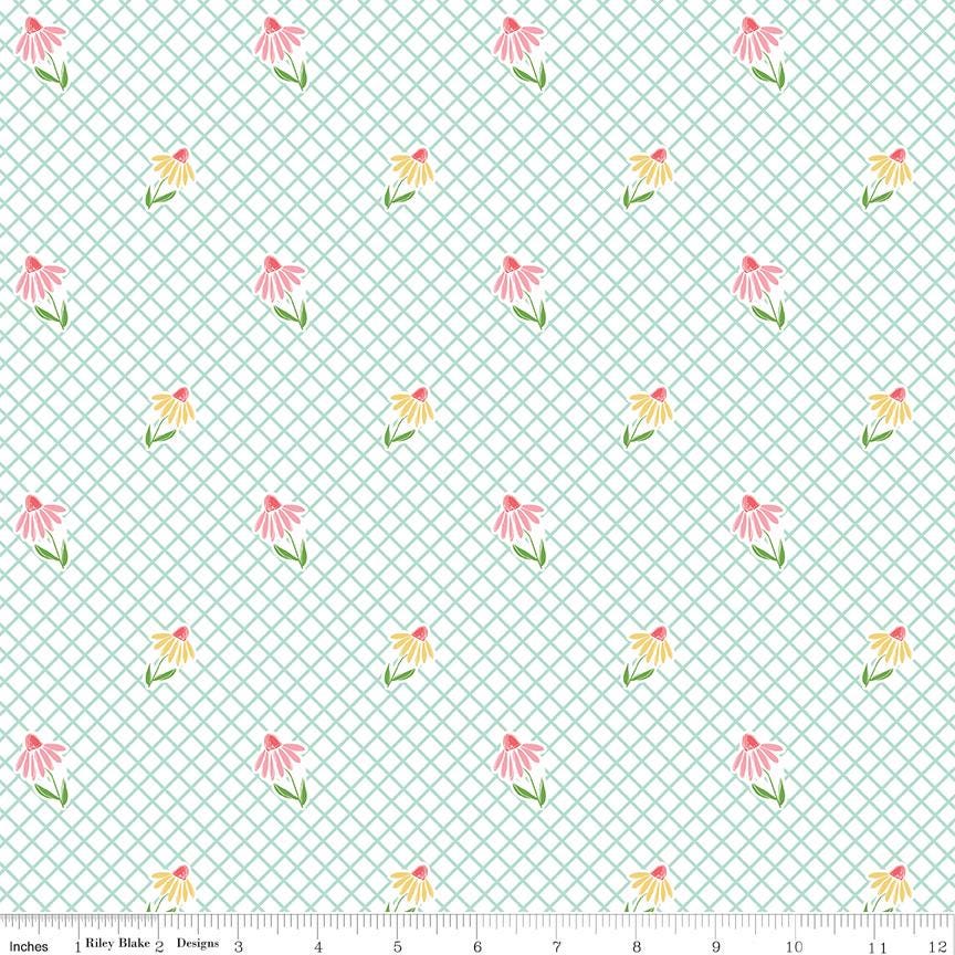 Summer Skies and Fireflies - Cone Flowers on White by Gracey Larson of Burlap and Blossom; Sold in Half Yard Increments