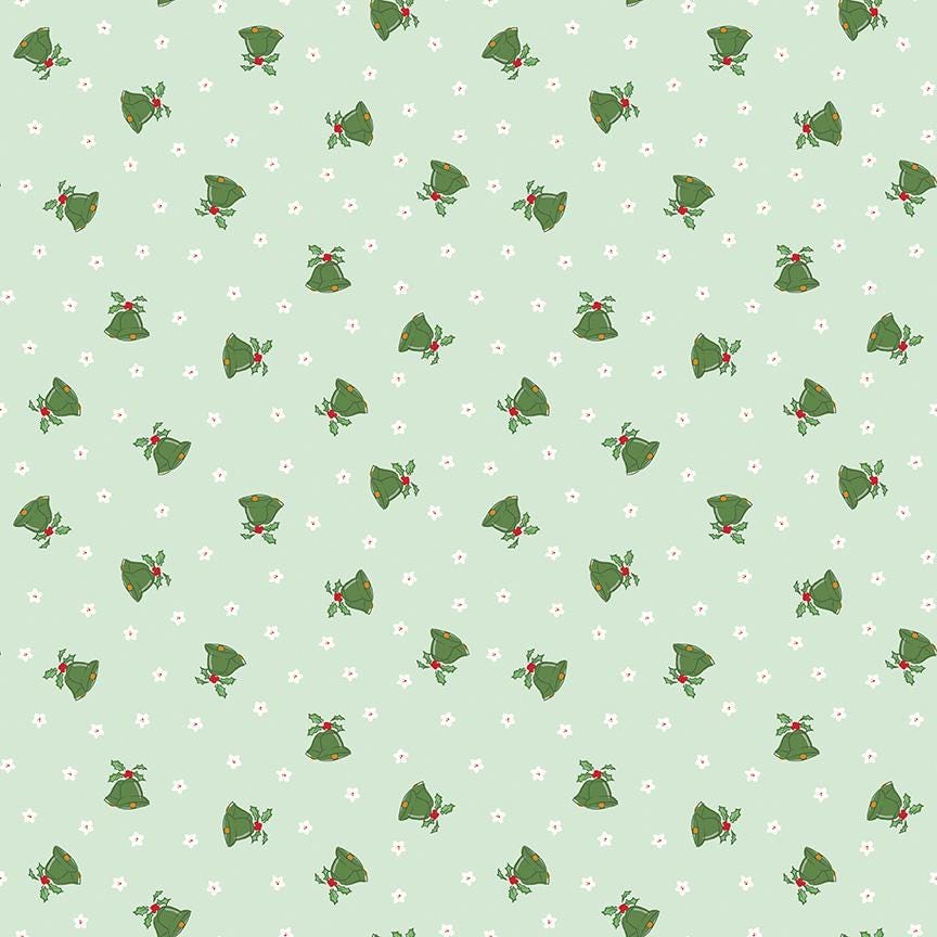 Mistletoe and Holly Scattered Bells on Hint of Mint by Beverly McCullough of Flamingo Toes; Sold in Half Yard Increments