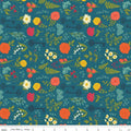 First Blooms Pressed Flowers in Denim Blue by Heather Peterson of Anka's Treasures; Sold in Half Yard Increments