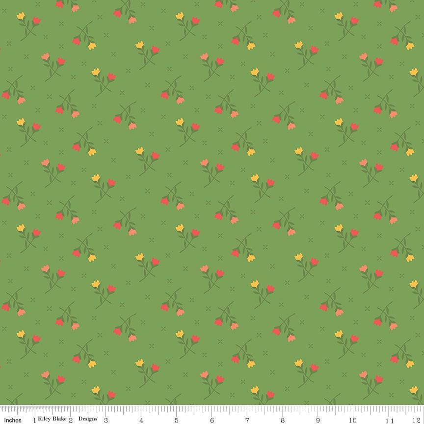First Blooms Tulips on Key Lime Green by Heather Peterson; Sold in Half Yard Increments
