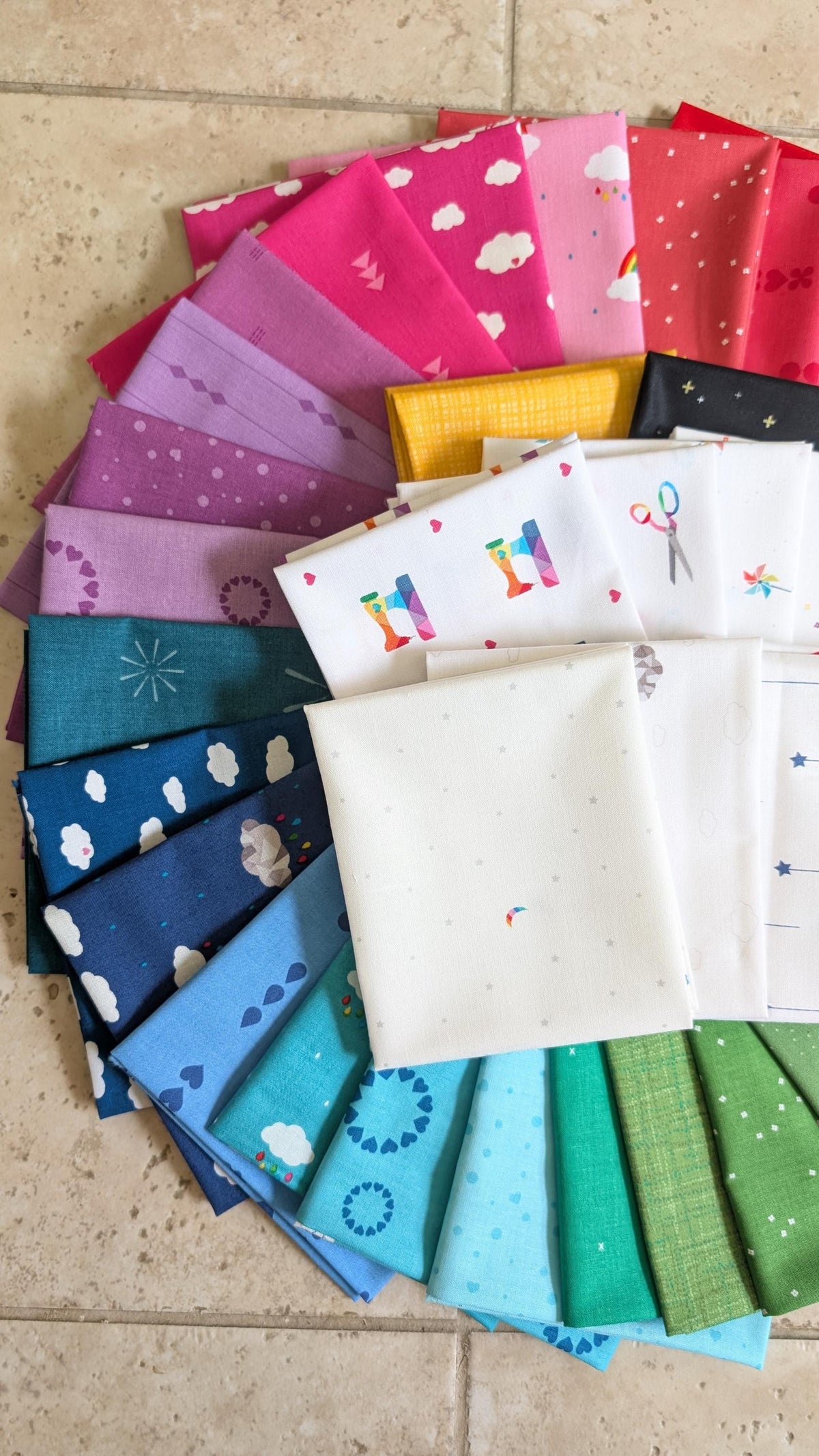Quilt Kit for Rainbow Ghost Party Quilt by Woolly Petals; Includes 30 Rainbow FATTER Eighths, 8 LV FQs, 1 Black FQ, Half-Yard Star Fabric + Paper Pattern