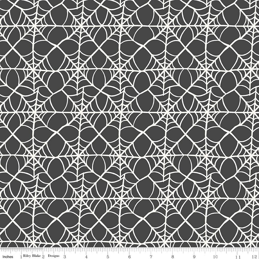 Hey Pumpkin Webs on Charcoal by My Mind's Eye; Sold in Half Yard Increments