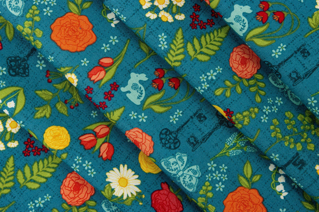 First Blooms Pressed Flowers in Denim Blue by Heather Peterson of Anka's Treasures; Sold in Half Yard Increments
