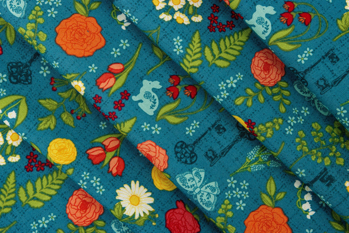 First Blooms Pressed Flowers in Denim Blue by Heather Peterson of Anka's Treasures; Sold in Half Yard Increments
