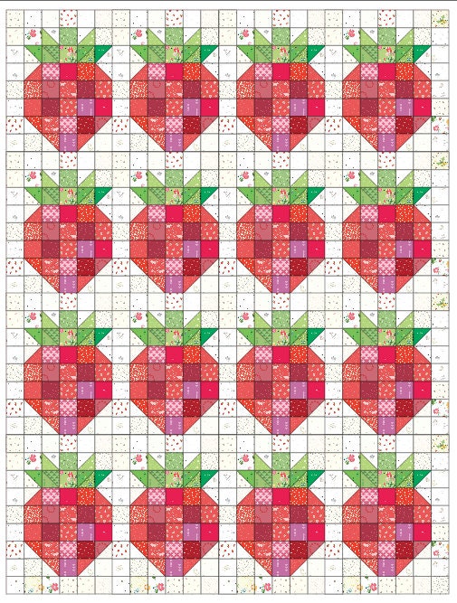 Strawberry Fabric Bundle: 13 Red Fat Quarters AND 11 Green Fat Eighths; Makes 16 Strawberry Quilt Blocks WITHOUT Background