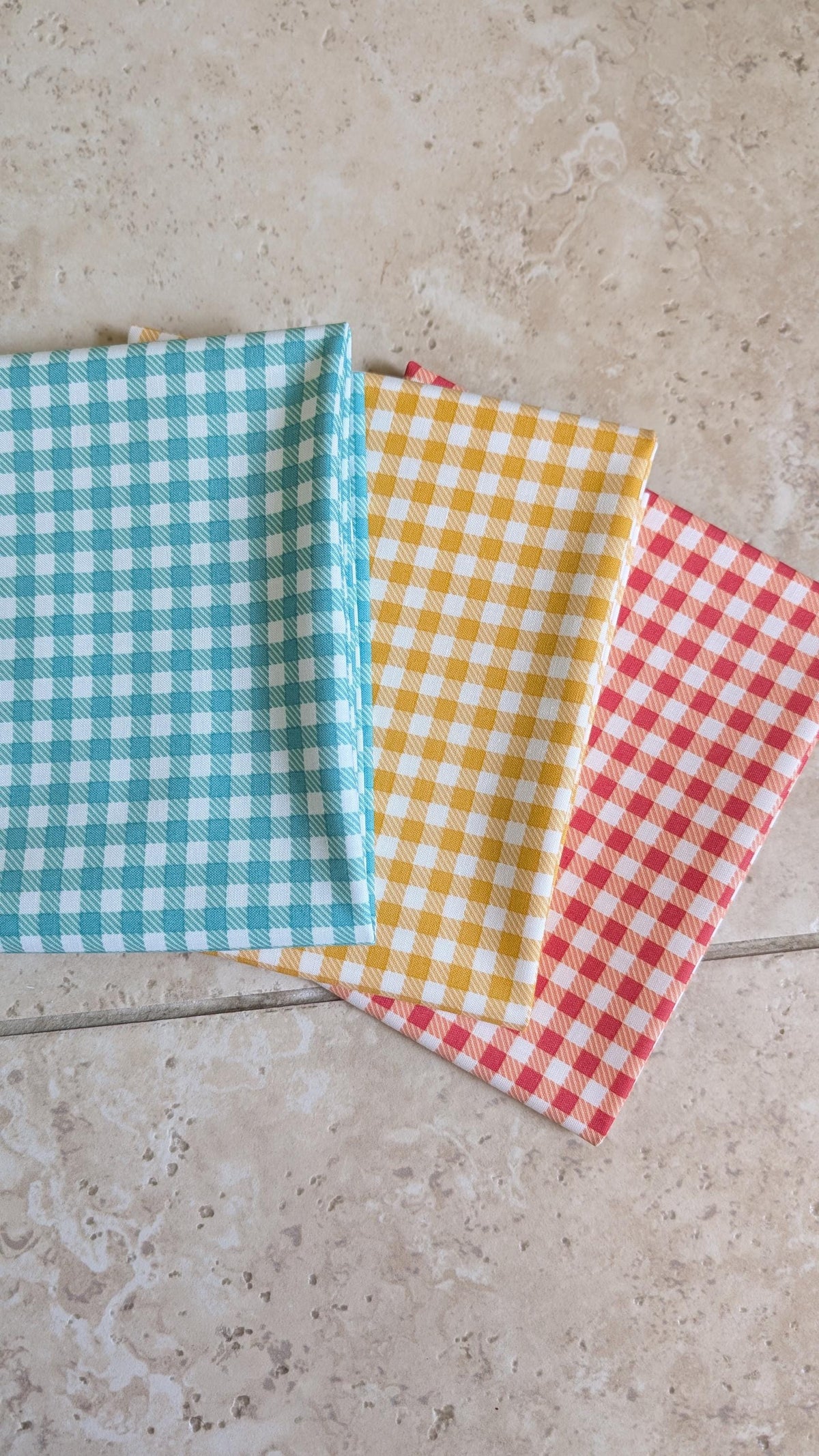 Gingham Binding Bundle with Prints from First Blooms by Heather Peterson of Anka's Treasures; Three 3/4 yard pieces in Blue, Yellow, and Red