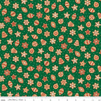 Liberty Fabrics Festive Fair Snowy Gingerbread Delight A on Dark Green; Sold in Half Yard Increments