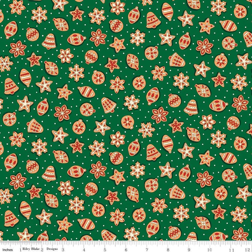 Liberty Fabrics Festive Fair Snowy Gingerbread Delight A on Dark Green; Sold in Half Yard Increments