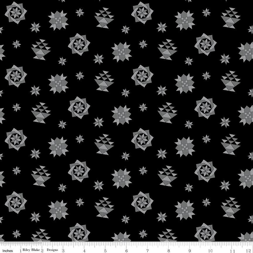 Spring Barn Quilts - Quilt Blocks on Black by Tara Reed; Sold in Half Yard Increments