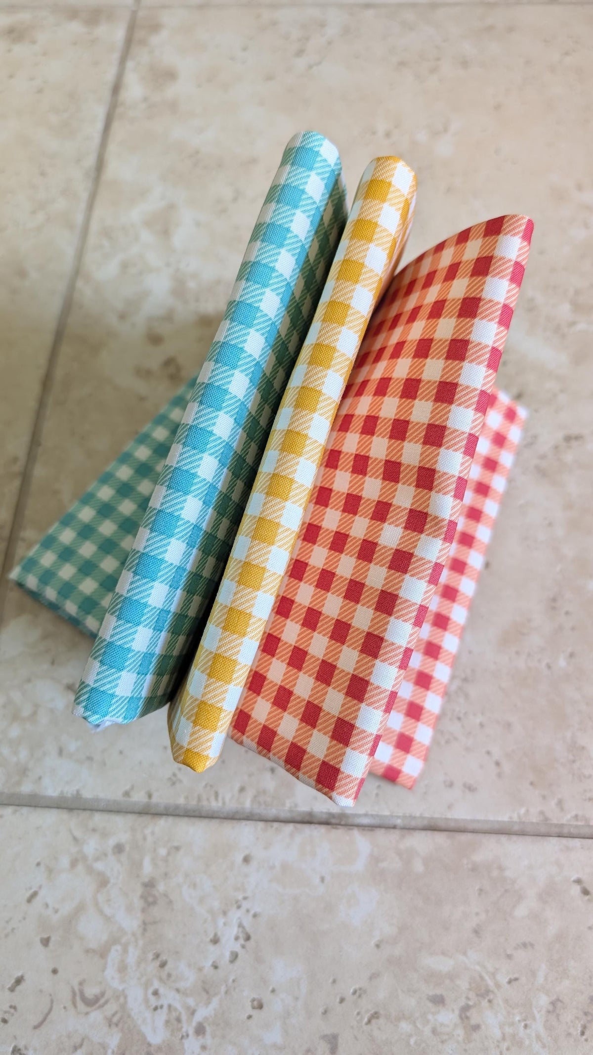 Gingham Binding Bundle with Prints from First Blooms by Heather Peterson of Anka's Treasures; Three 3/4 yard pieces in Blue, Yellow, and Red