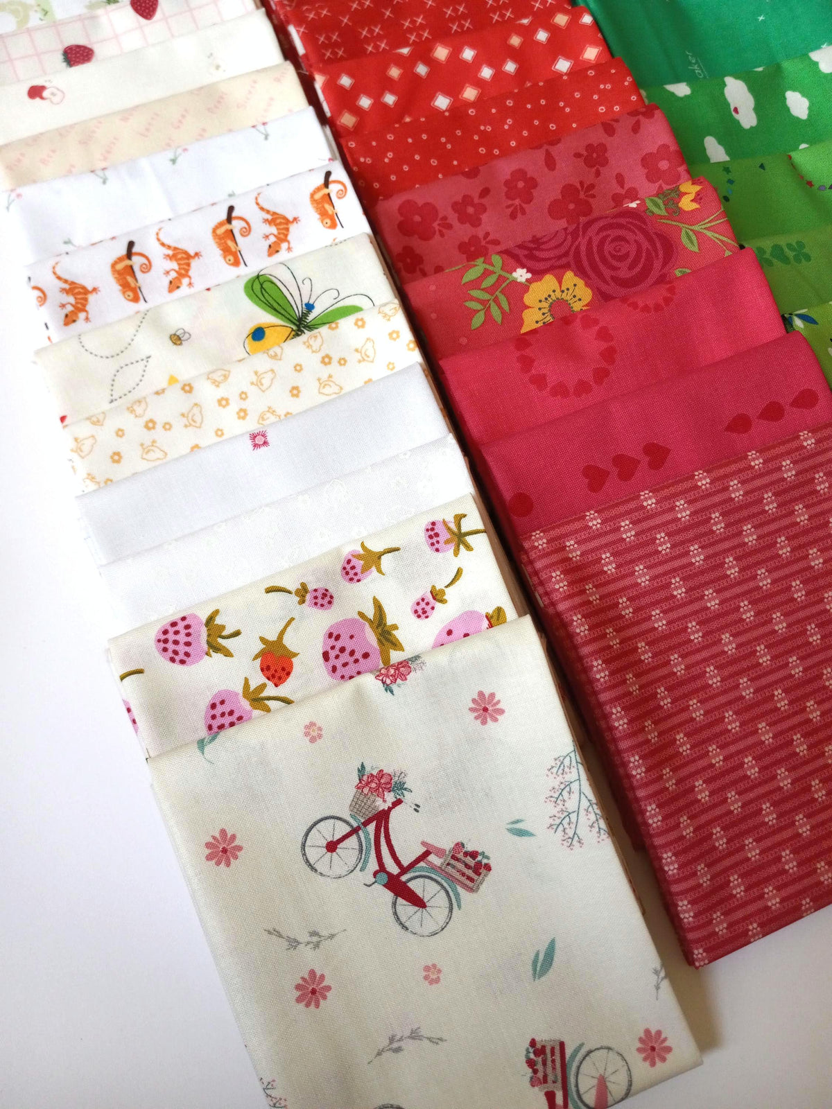 Quilt Kit for Strawberry Quilt: 13 Red FQs, 11 Green Fat Eighths, 16 Low Volume FQs for a Scrappy Happy Strawberry Quilt approx. 75" x 99"