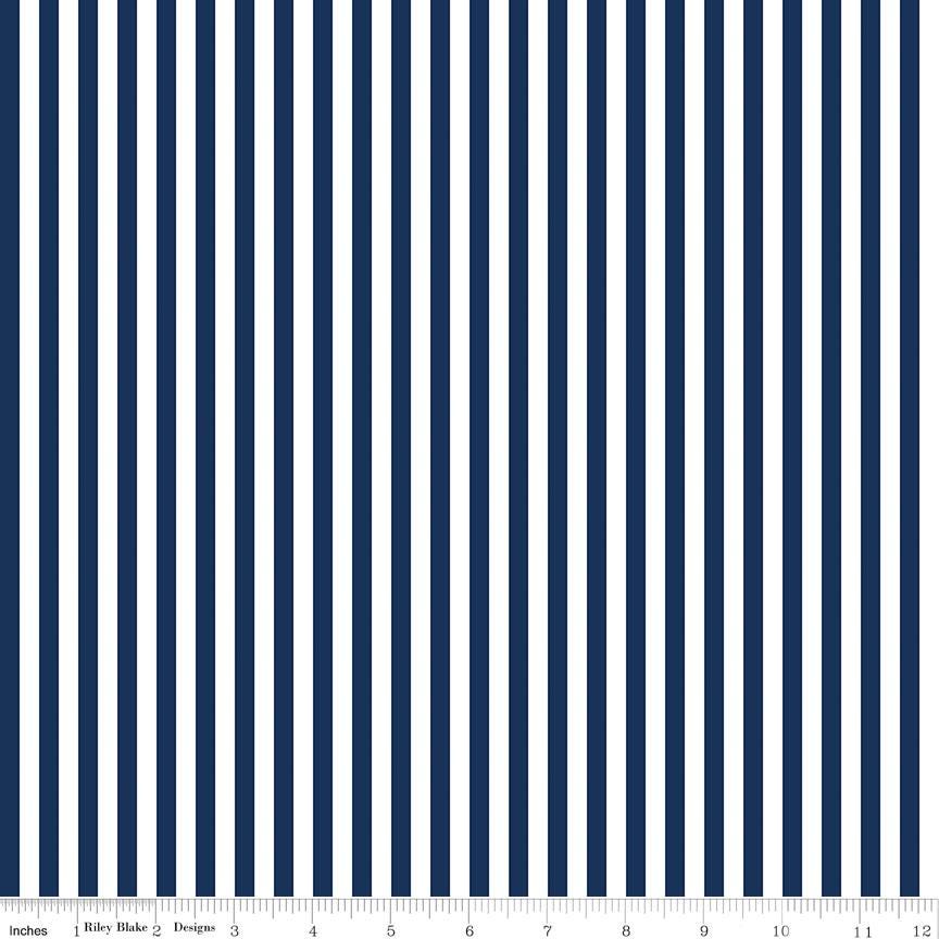 Navy 1/4 Inch Stripe on White; Basics Collection for Riley Blake Designs; Binding Fabric; Sold in Half Yard Increments