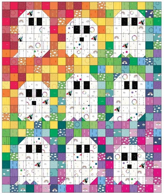 Quilt Kit for Rainbow Ghost Party Quilt by Woolly Petals; Includes 30 Rainbow FATTER Eighths, 8 LV FQs, 1 Black FQ, Half-Yard Star Fabric + Paper Pattern