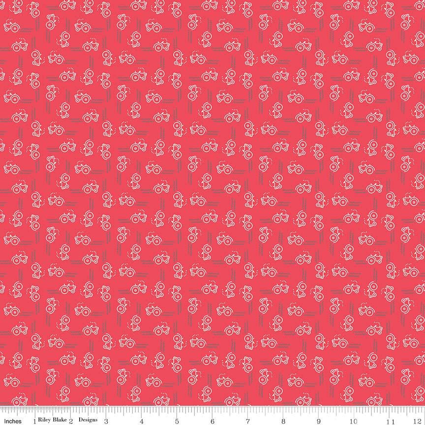 Tractors on Cayenne Red from Farm Girl Vintage Companion Prints by Lori Holt of Bee in my Bonnet; Sold in Half Yard Increments
