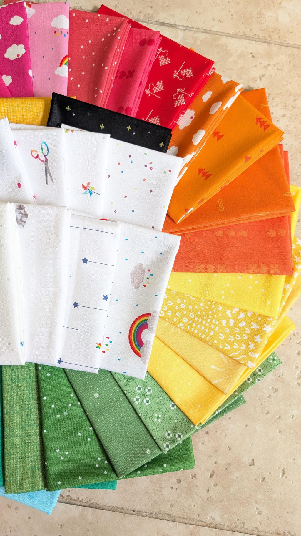 Quilt Kit for Rainbow Ghost Party Quilt by Woolly Petals; Includes 30 Rainbow FATTER Eighths, 8 LV FQs, 1 Black FQ, Half-Yard Star Fabric + Paper Pattern