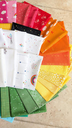 Quilt Kit for Rainbow Ghost Party Quilt by Woolly Petals; Includes 30 Rainbow FATTER Eighths, 8 LV FQs, 1 Black FQ, Half-Yard Star Fabric + Paper Pattern